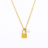 STAINLESS STEEL LETTER PEARL LOCK PENDANT NECKLACE_CWMM5298