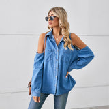 Washed Off-The-Shoulder Long-Sleeved Shirt