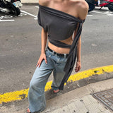 Strapless Strap Waist Short Solid Color Top