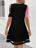 Womens Colorblock Lace Mesh Midi Dress