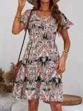 V-Neck Loose Holiday Print Lotus Sleeves Dress