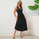 V-Neck Pleated Belted Bodycon Midi Dress