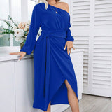 ELEGANT ASYMMETRICAL NECK LONG SLEEVE MIDI DRESS_CWDMD6051