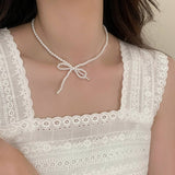 NEW SWEET RETRO BOW PEARL NECKLACE BRACELET SET_CWAJE3071