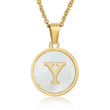 Cwaje1934_Round Stainless Steel White Shell Letter Necklace