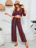 Striped Pants Short Sleeve Top Two-Piece Set