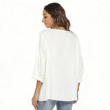 Solid-Color Mid-Sleeved V-Neck Embroidered Shirt