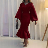 FASHION PLUS SIZE VNECK LONG SLEEVE FISHTAIL DRESS_CWDMD3671