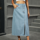 Wome Washed Denim Midi Skirt With Buttons_Cwjsk0206