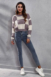 Women Ribbed Crewneck Long Sleeve Plaid Sweater_Cwoswl1441