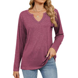 V-Neck Color Cotton Long Sleeve Loose T-Shirt