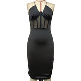 Spliced Solid Color Cross Strap Fishbone Dress