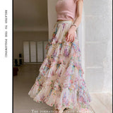 COLORFUL FLORAL MESH PRINT PLEATED TULLE SKIRT_CWBLS0399