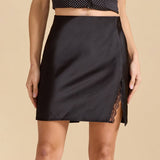 SATIN SKIRT LACE SLIT HIGH WAISTELASTIC SHORTSKIRT_CWBSS0399