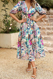 Temperament Waist V Neck Printed Dress_Cwdsd2401