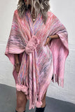 Cwocas0051_Contrast Color Pompom Tassel Knitted Shawl