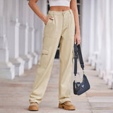 Washed Semi-Elastic-Waisted Denim Cargo Pants