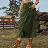 Washed Denim Cargo Skirt With Slit For Women_Cwjsk0197