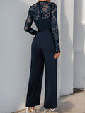 Solid Color Jumpsuit Lace Patchwork Zipper