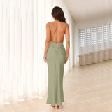 Solid Satin Sexy Backless Long Halter Gown Dress
