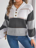 V-Neck Color-Blocked Lantern Sleeve Sweater
