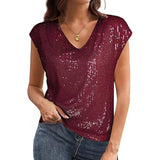 Womens Sequin V-Neck Fitted Raglan Sleeve Top