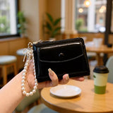 Minimal Crackle Bow Pearl Zip Bifold Wallet_Cwab06202