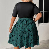 PLUS SIZE V NECK TIE WAIST RUCHED PATCHWORK DRESS_CWDMD5978