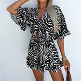Zebra-Print Rotator Cuff V-Neck Lace-Up Rompers