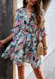Vacation Floral Tie Waist Chiffon Short Dress