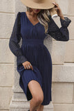 V-Neck Lace Long-Sleeved Solid Color Dress