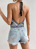 Vacation-Style Printed Knotted Halter Top