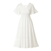 Solid Color V-Neck Dress With Waist Flying Sleeves