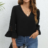 Solid Color V-Neck Loose Mid-Sleeve Lace Shirt