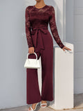 Solid Color Jumpsuit Lace Patchwork Zipper