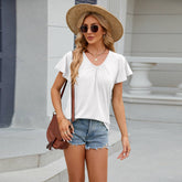 V-Neck Fly-Sleeved Pleated Short-Sleeved T-Shirt