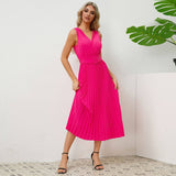 V-Neck Pleated Belted Bodycon Midi Dress