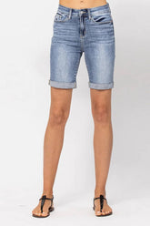Cwjs0306_Casual Rolled Hem Slim Fit Denim Shorts