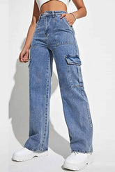 Cwjp0601_Straight Leg Cargo Denim Pants With Multi Pockets