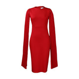 PLEATED ROUND NECK ELEGANT HIP HUGGING TIGHT DRESS_CWDMD3701