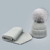 Winter Knit Hat Scarf Set With Fox Fur Pom Beanie_Cwah05044