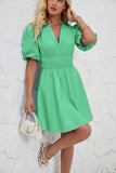 V-Neck Puffy Sleeve Pleated High-Waisted Dress