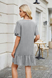 Solid Color Crew Neck Short Sleeve Pleated Dress