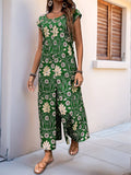 Vintage Floral Print Casual Straight-Leg Jumpsuit