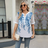 V-Neck Printed Chiffon Top With Lace Sleeves