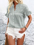 Womens Casual Pleated Button-Down Linen Shirt