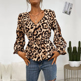 V-Neck Cutout Leopard Print Shirt