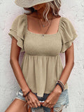 Solid-Color Cable-Lined Puffed-Sleeve T-Shirt
