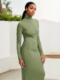 Stylish Solid Color Long Sleeves High Neck Dress