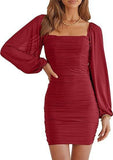 Square-Neck Long-Sleeved Pleated Tight Dress